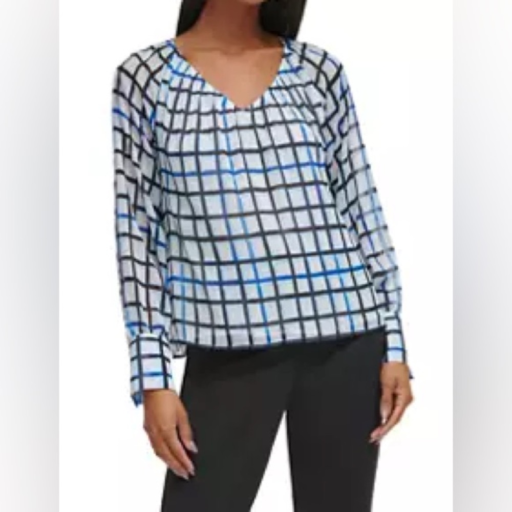 NEW Calvin Klein Raglan Sleeve Grid Print Blouse, XS